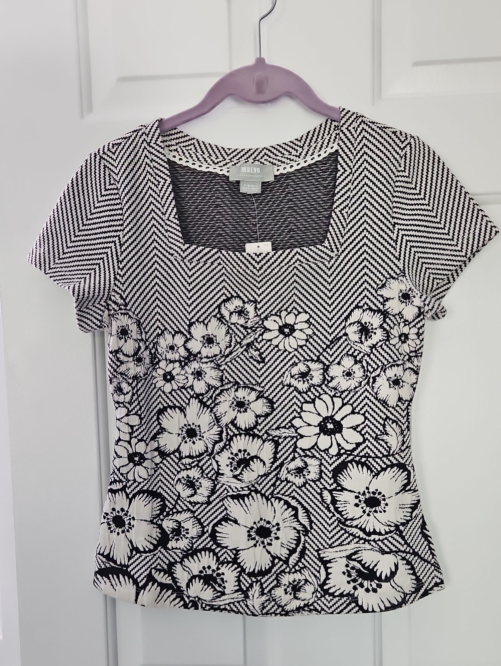 Maeve By Anthropologie NWT Black and White Floral Square-Neck Short Sleeve Tee